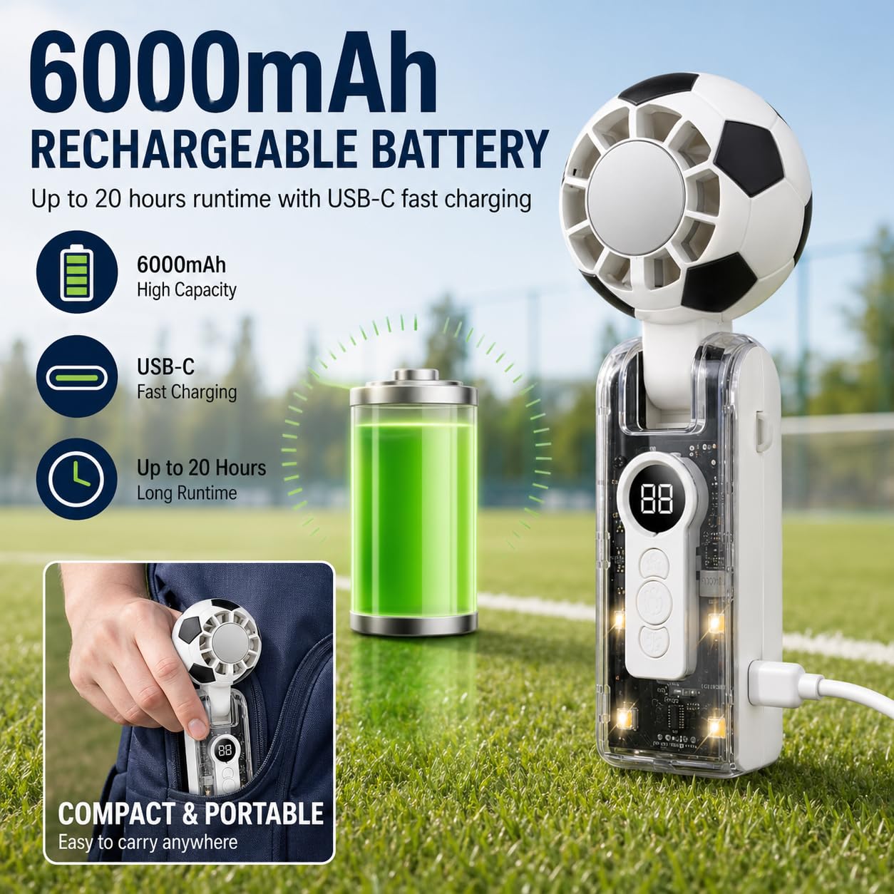 Mini World Cup Ball Fan Handheld Turbo Fan, Rechargeable & Foldable Personal Neck Fan, 4-Mode LED Lights,Up to 12 Hrs,Small Portable Mini Soccer Fan