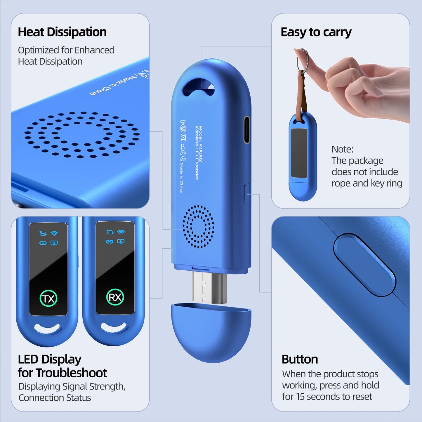 HDMI Wireless Transmitter and Receiver with LED Screen Blue, 2.4G/5G HDMI Extender Kit, Heat Dissipation and Easy-to-Carry Design, 30m/100ft Range