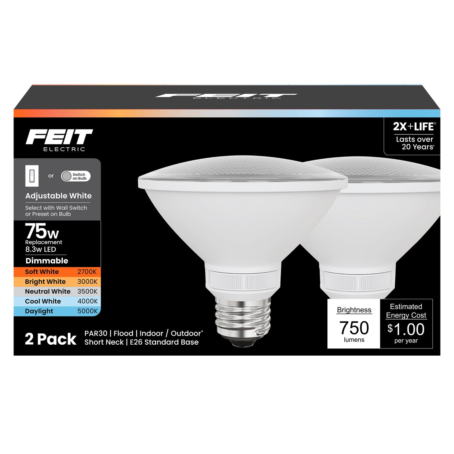 Feit Electric PAR30 LED Reflector Light Bulb, 75W Eq, 5CCT 6Way, 2 Pack