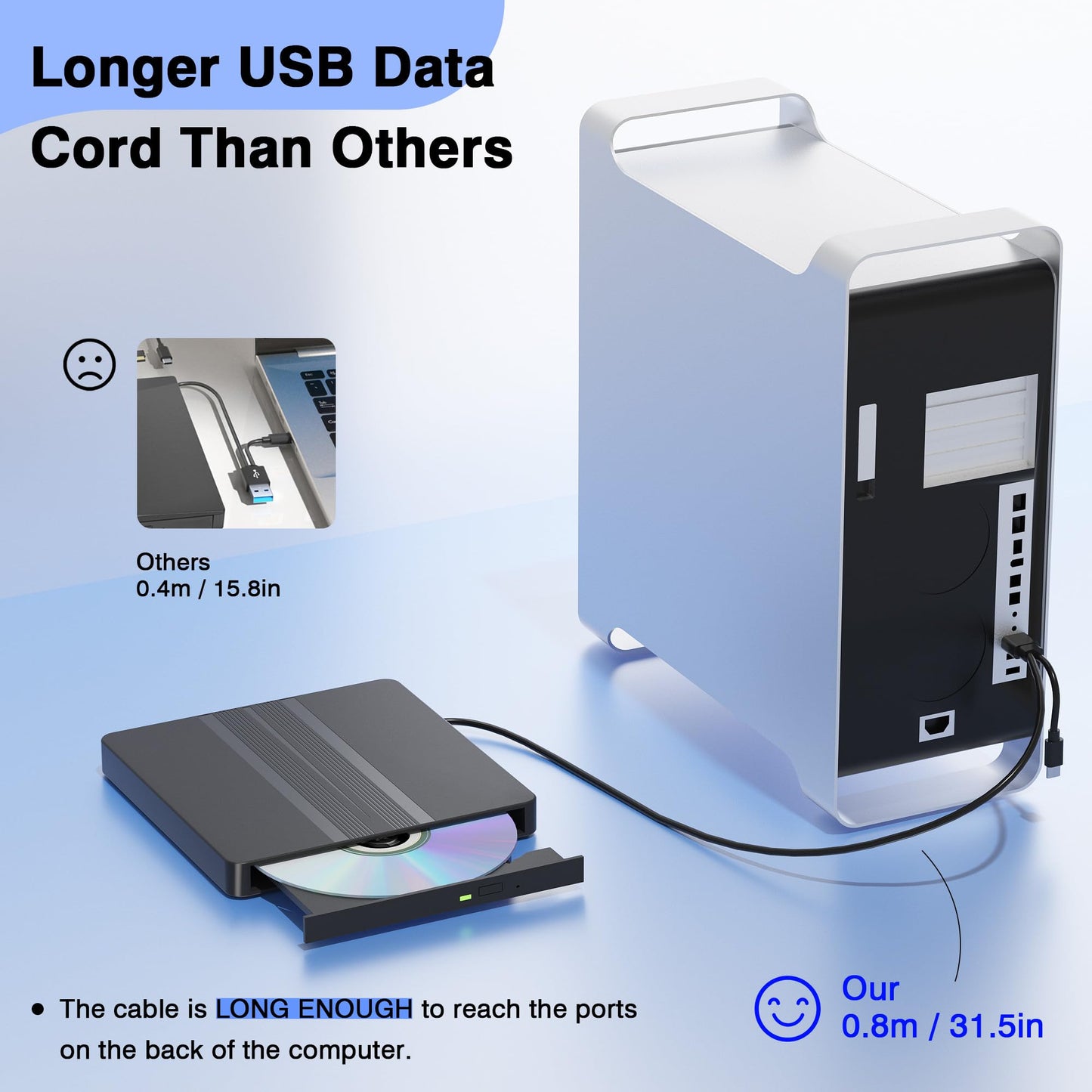 qoyeia External CD/DVD Drive for Laptop, USB External DVD Drive CD Burner Reader for Laptop, DVD/CD-ROM +/-RW Disc Optical Drives for PC Desktop