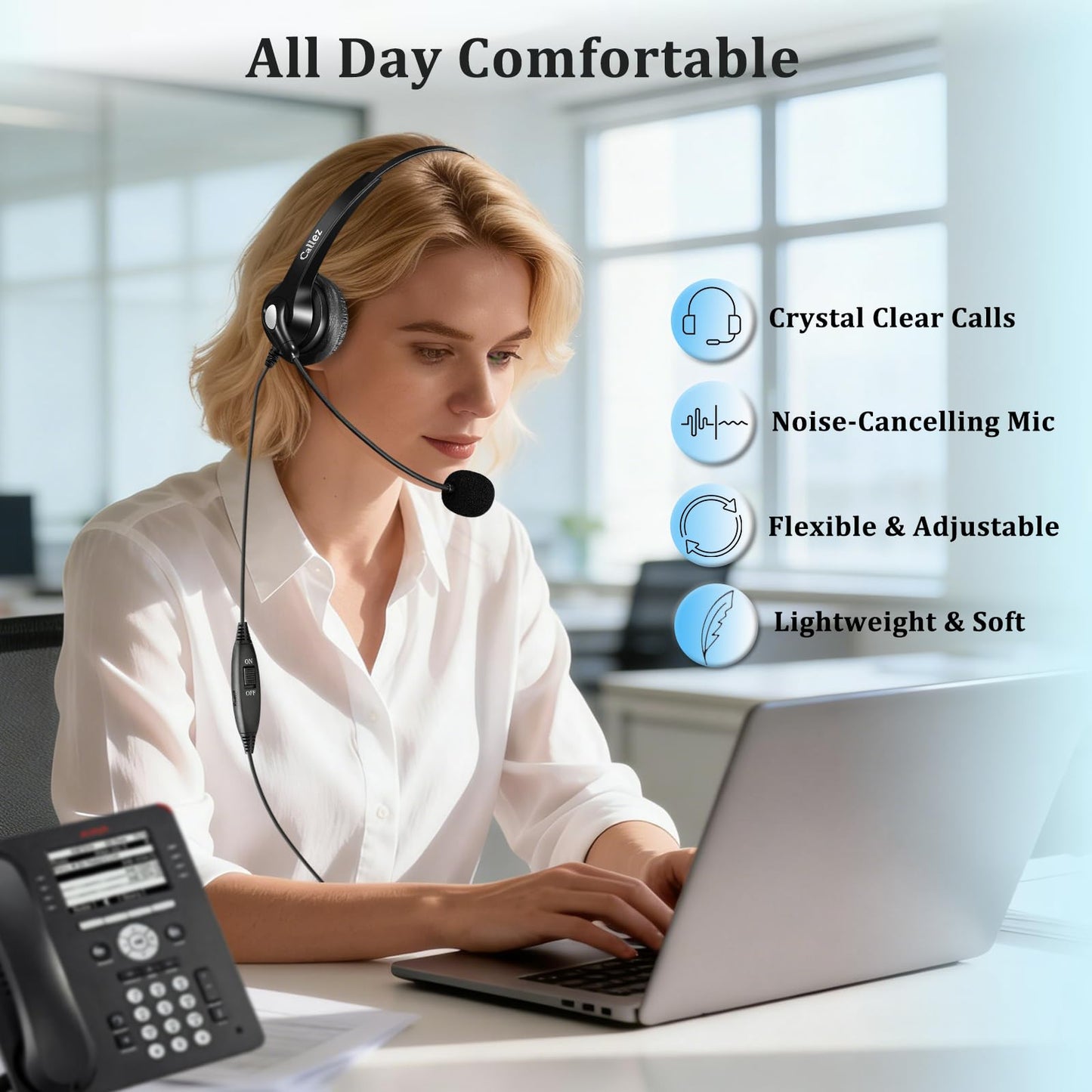 Callez RJ9 Phone Headset with Noise Cancelling Mic & Volume Controls, Telephone Headset Compatible with Avaya Plantronics Mitel ShoreTel Digium Nortel