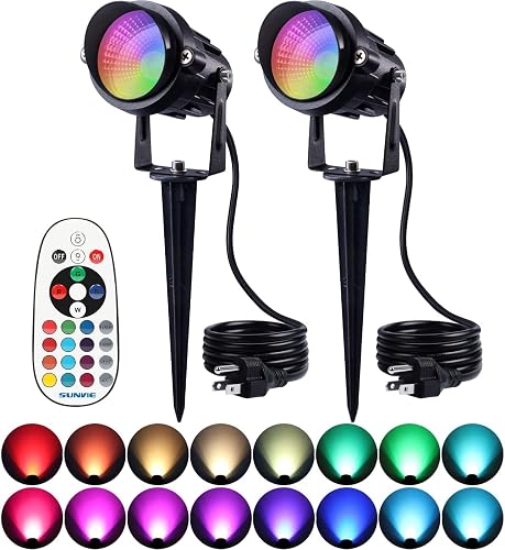 SUNVIE RGB Spot Lights Outdoor 12W LED Color Changing Landscape Lights with Remote Control 120V RGBW Landscape Lighting Waterproof Outdoor Spotlight