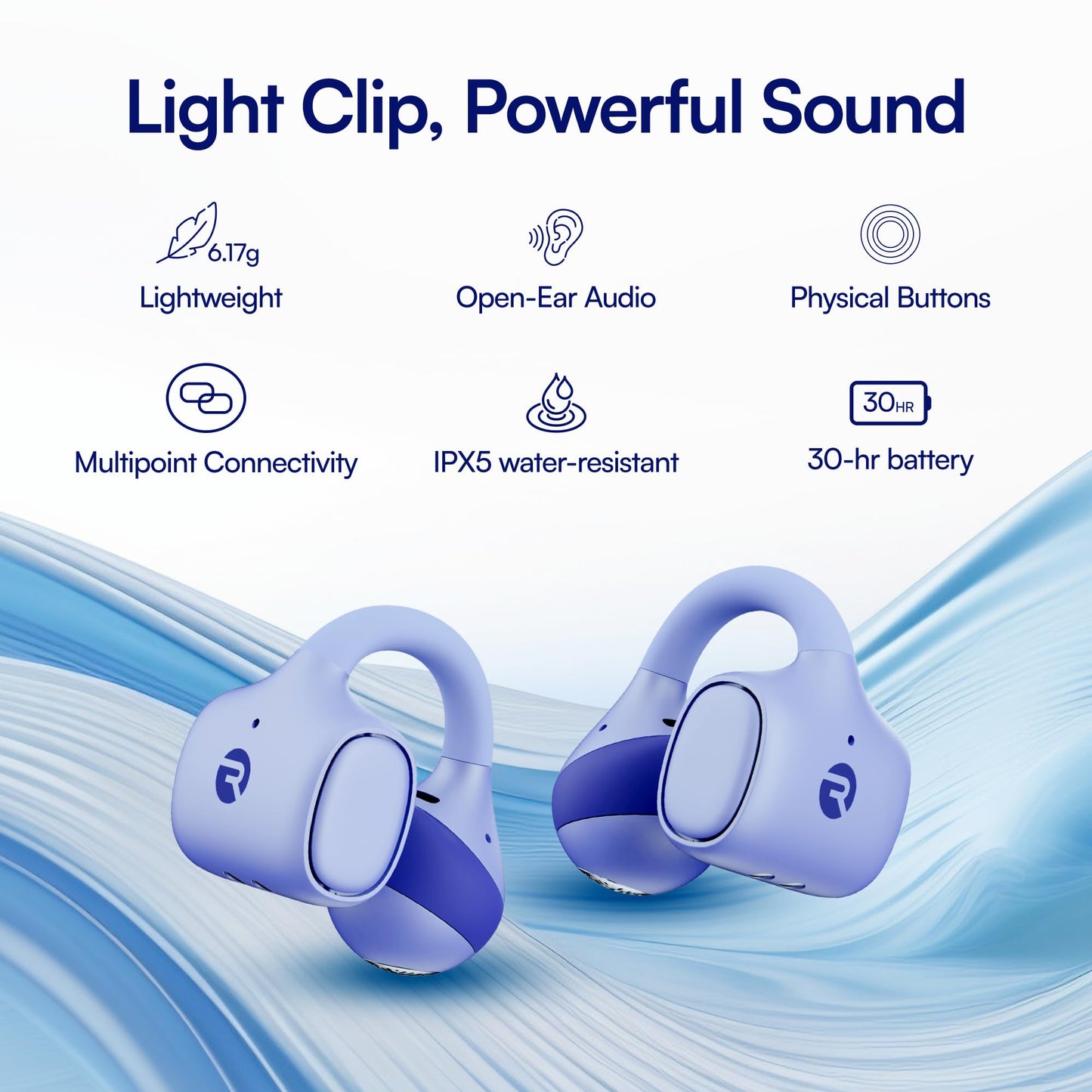 Raycon Everyday Clip-On Earbuds - Open Ear, Water Resistant, 30Hr (Blue)