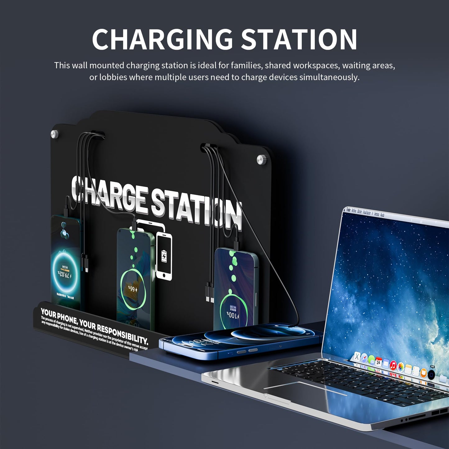 Wall Mounted 8 Port Charging Station with Fast Charigng Cables - Multi Device Charging Dock for Office, Hotel & Public Spaces | Compatible with iPhone