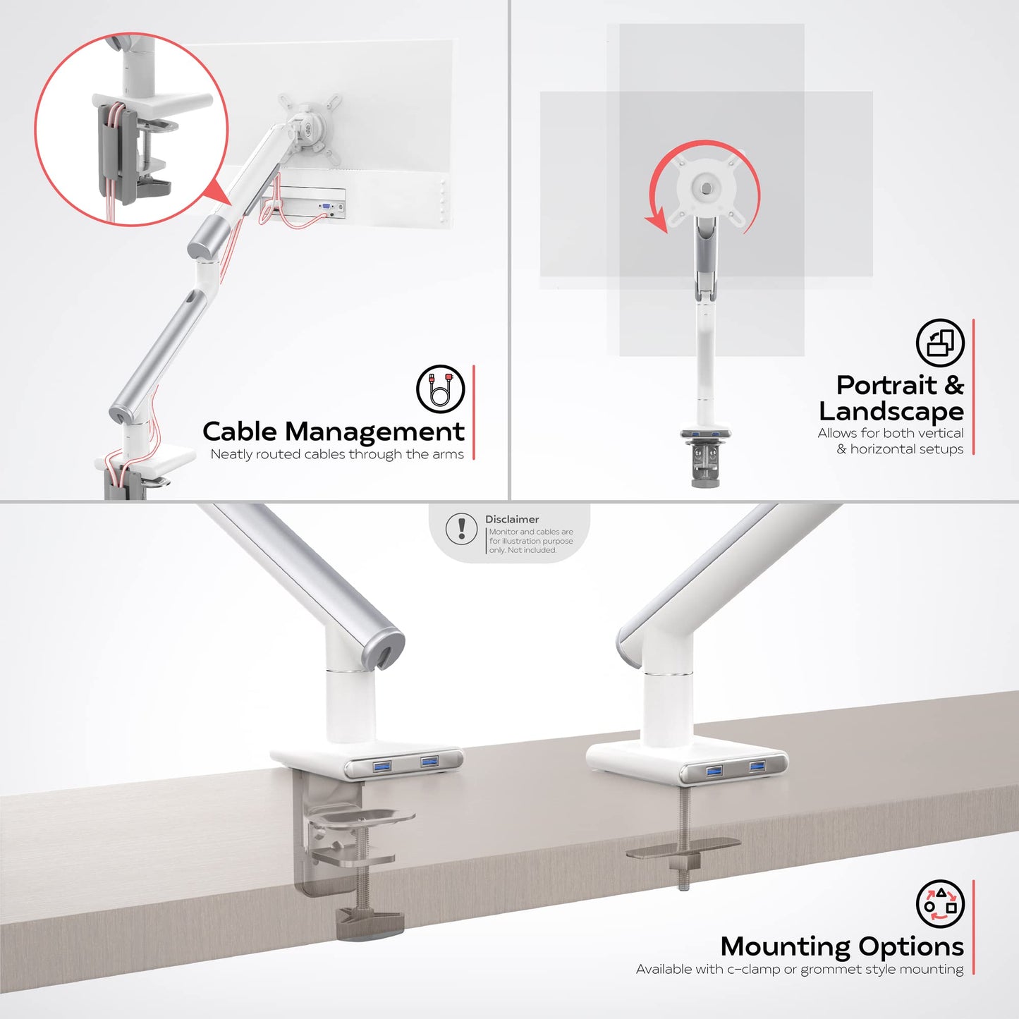Single Monitor Arm Mount - CTA White Monitor Mount for 23" to 35" Monitors - w/Dual USB 3.0 Hub Ports & Arm Clamp for Desks - White (ADD-SSMA)