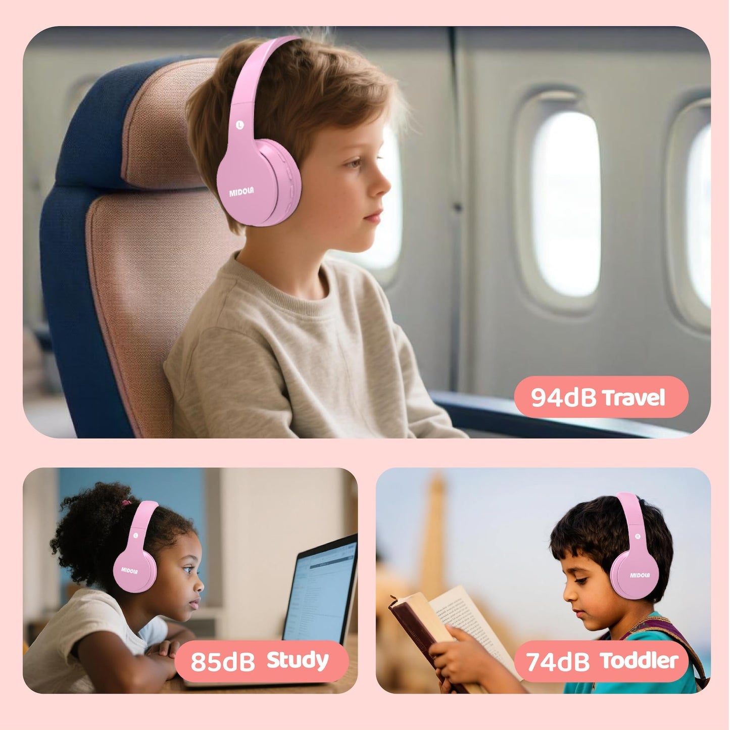 MIDOLA Kids Headphones Bluetooth 5.4 Wireless 68H Play Time Volume Limit 85/94dB Over-Ear Foldable Headset,Type-C Fast Charging,with Wired Aux Mic…