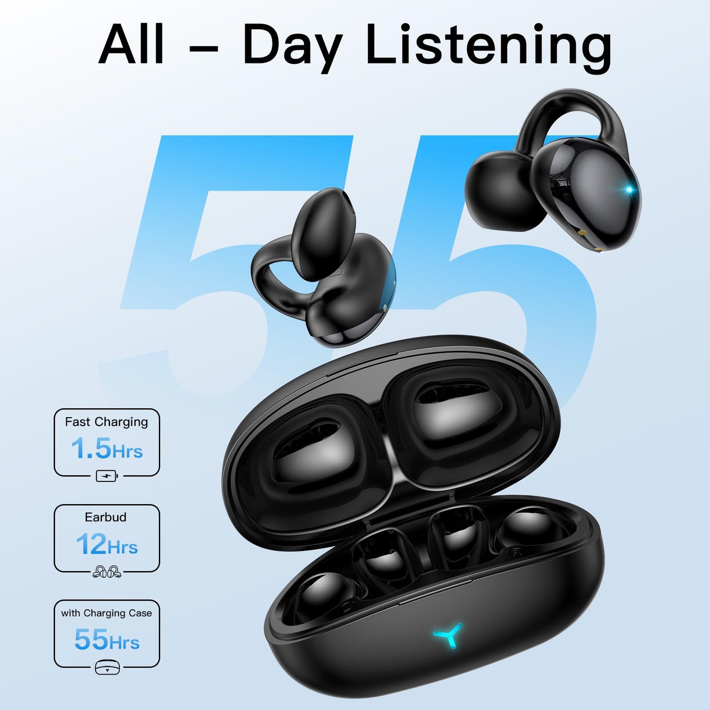 Cemobene Earbuds Wireless Bluetooth 5.4 Open Ear Clip Headphones with Mic, 55H Play, IPX5 Waterproof Sports Earphones, Noise Cancelling Micโฆ