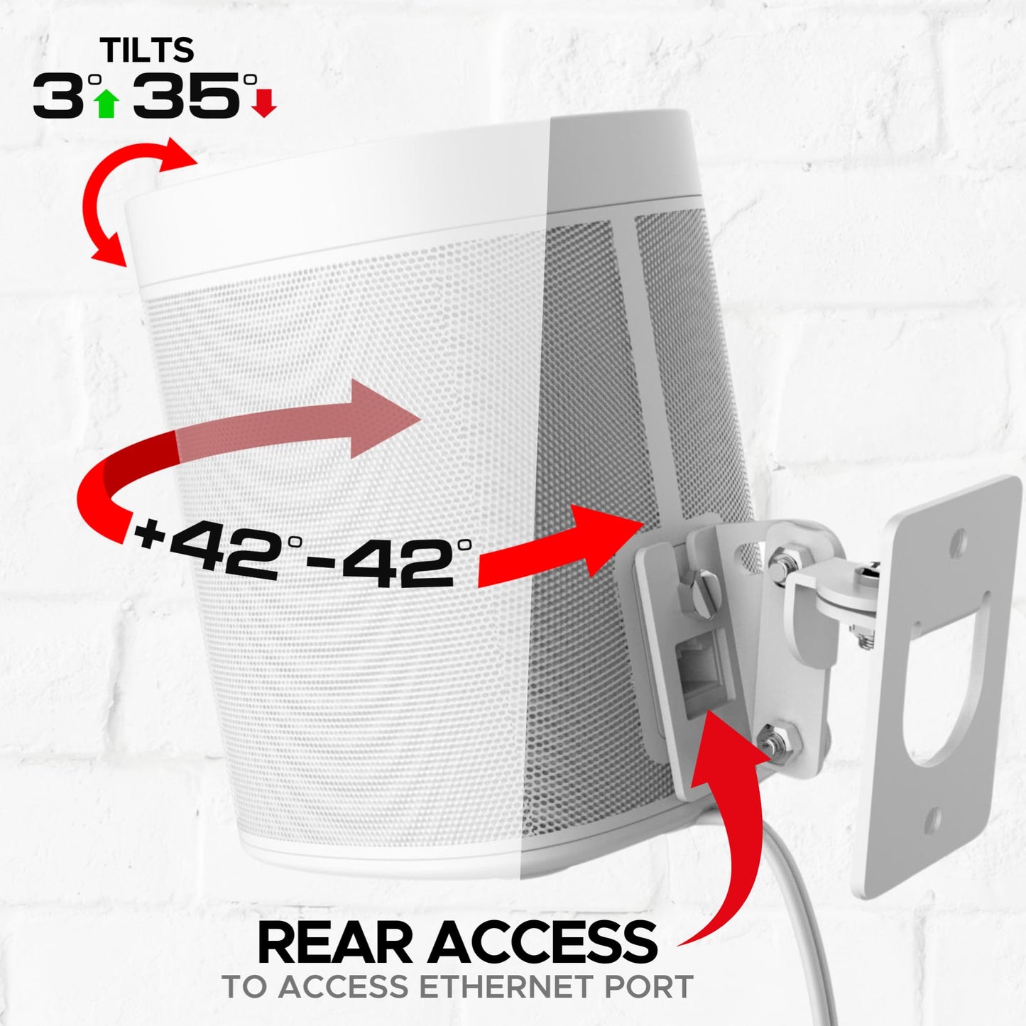 Sound Bass Play 1 Wall Mount, White, Pair, Compatible with Sonos Play:1 Only, Twin Pack, Adjustable Swivel & Tilt Mechanism, 2 Mounting Brackets