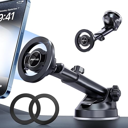 pop-tech for Magsafe Car Mount, Windshield Ultra Magnetic Phone Holder for Car, Dashboard Adjustable Military Suction Cup Phone Mount for iPhone 16
