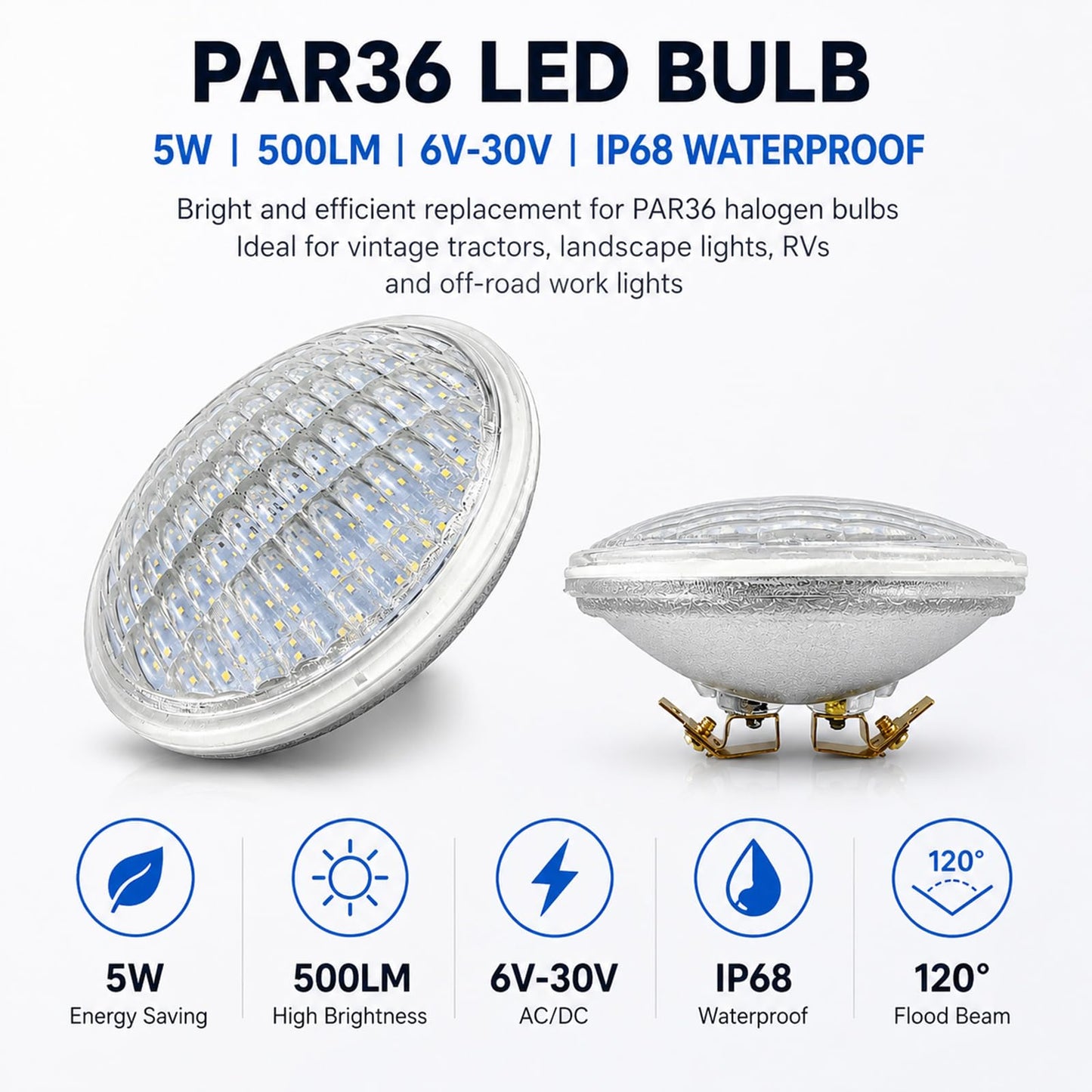 Taysing LED PAR36 Bulb 5W 500lm Eq to 40W Halogen 6-30V Waterproof IP68 Flood Light Bulbs Par36 Led Bulb for Landscape Well Light Off-Road Vehicles