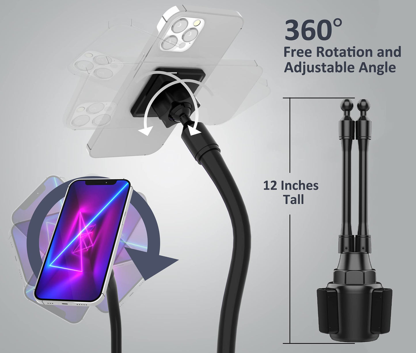 CAVIANA Dual Phone Holder for Car Cup Holder - Long Flexible Neck, 360° Rotatable Car Phone Mount - Adjustable Cell Cup Holder, Universal Size Fits 2