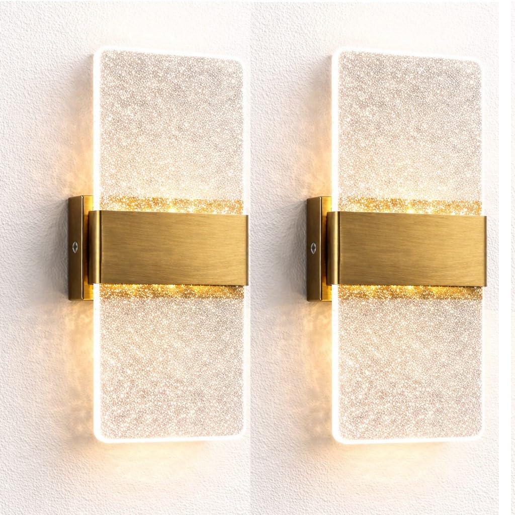 Jetima Modern LED Wall Sconce Set of 2, Gold & Crystal Acrylic Wall Light, Vertical Vanity Lighting Fixture, Waterproof Indoor Outdoor Wall Lamp