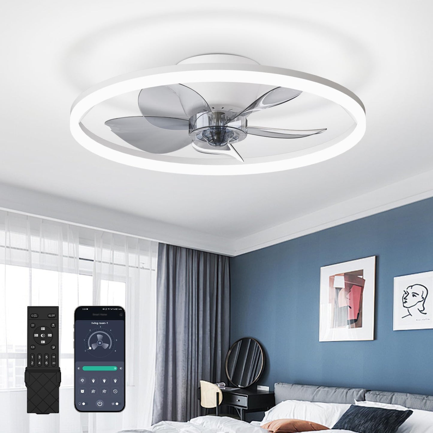 19.7'' Low Profile Ceiling Fans with Lights Flush Mount, Modern LED Ceiling Fans App and Remote Control, 6 Speeds Ceiling Fan with Smart Stepless LED