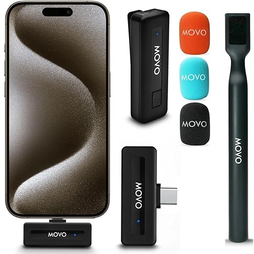 Movo Wireless Mini UC Ultra Compact Wireless Lavalier Microphone for iPhone 15/16/17 and up with WMX-HM Handheld Adapter - Lapel Mic with Handle Mount
