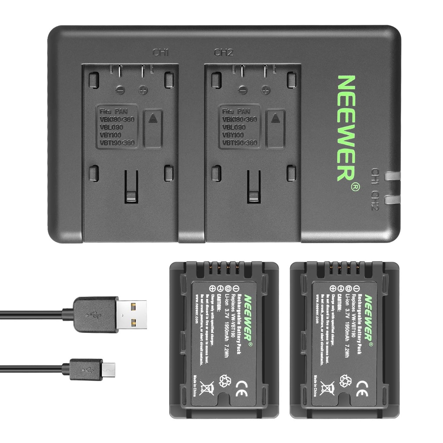 NEEWER Replacement Battery and Charger Set for VW-VBT190, 2 Pack 1950 mAh Batteries and Dual USB Charger, Compatible with Panasonic HC-V110 V130 V160