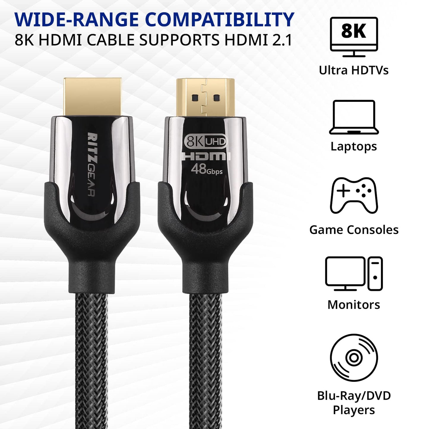 Ritz Gear 8K HDMI 2.1 Cable 1.5 ft. 48 Gbps Ultra High Speed Braided Nylon Cord & Gold Connectors - 10K/8K@60Hz UHD Video/4K@120Hz/4K@60Hz/2K/1080P.