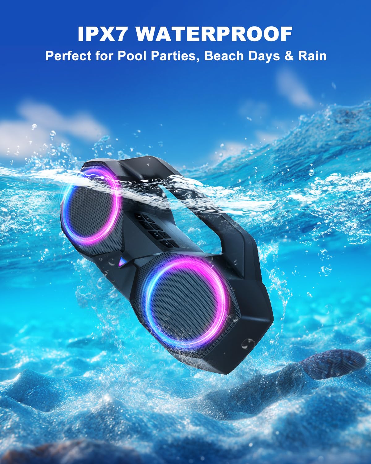 Bluetooth Speaker 80W(Peak)Loud with Bass, 20H Playtime, IPX7 Waterproof, RGB Lights, TWS, Large Portable Wireless Speakers for Outdoor, Home, Party