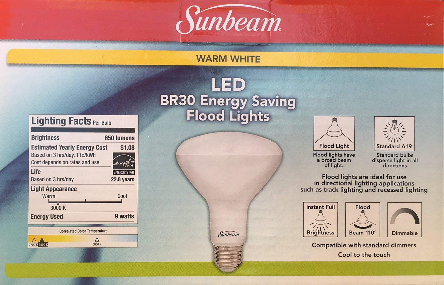 Sunbeam BR30 65W LED Indoor/Outdoor Dimmable Flood Lights 2 PACK, Energy Star, 650 Lumens, 3000K Warm White, use 9 Watt, 65 Replacement/Equivalent