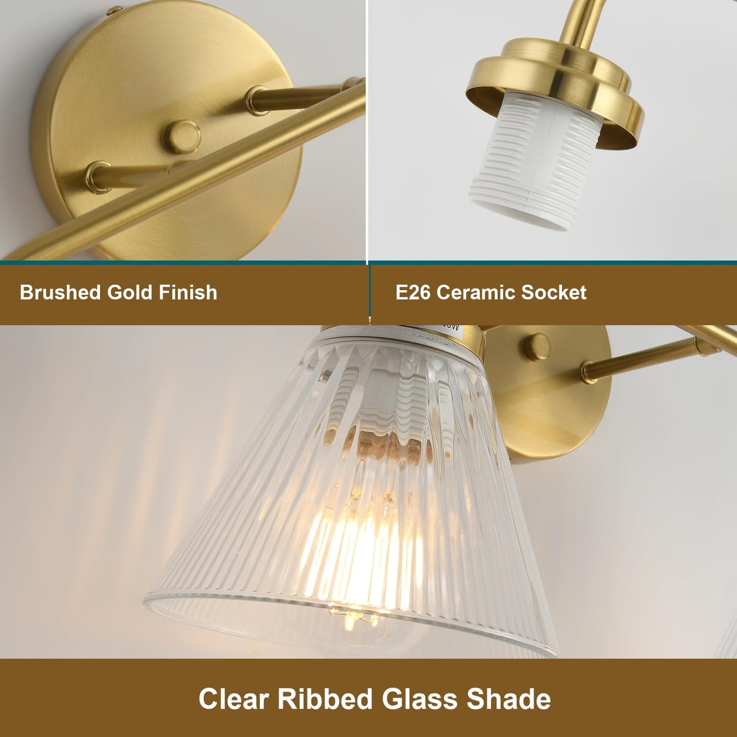 Prosaiet Bathroom Vanity Light, Brushed Gold 2-Light Bathroom Light Fixtures Over Mirror, Clear Ribbed Glass Shades, E26 Wall Sconce Lighting