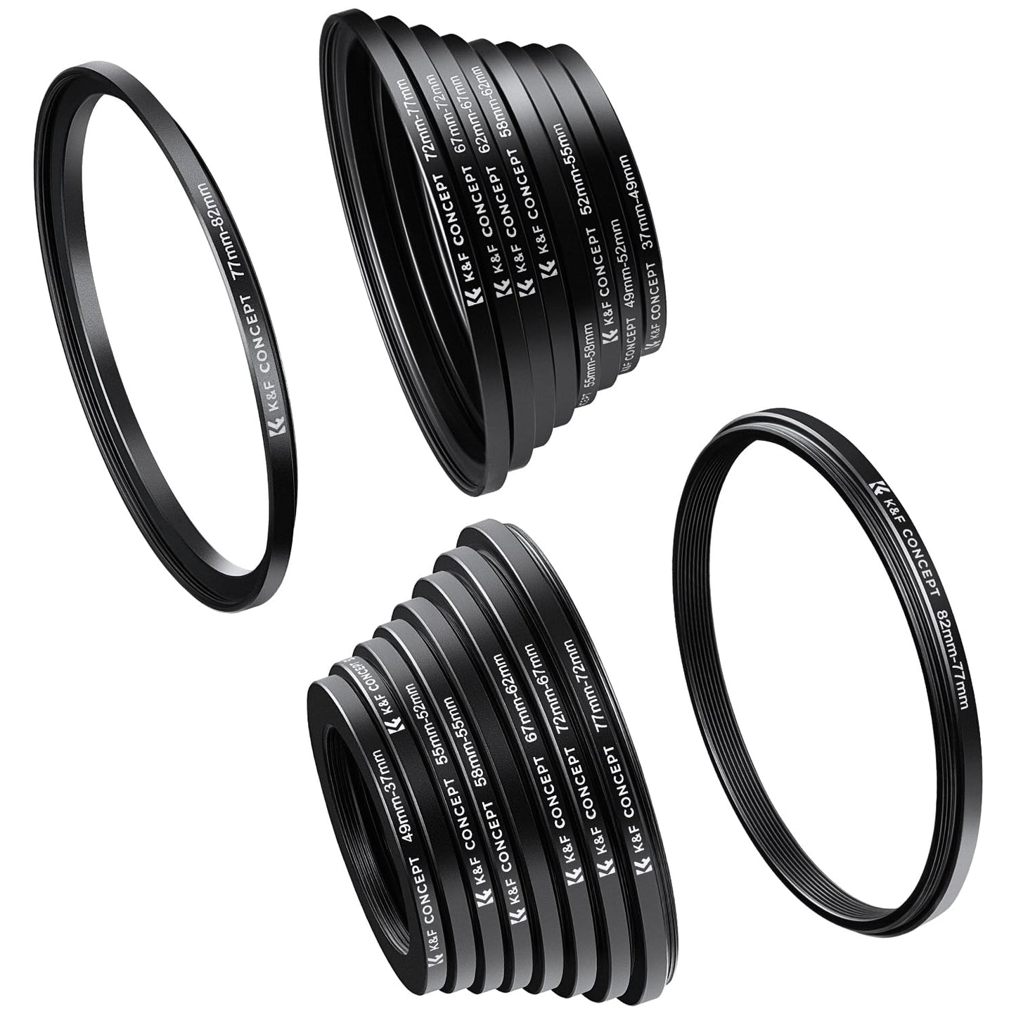 K&F CONCEPT 18 Pieces Filter Ring Adapter Set, Camera Lens Filter Metal Stepping Rings Kit (Includes 9pcs Step Up Ring Set + 9pcs Step Down Ring Set)
