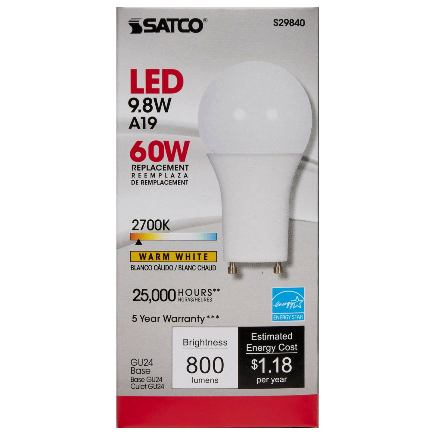 Satco 60W Equivalent Warm White A19 GU24 LED Light Bulb - 1 Each