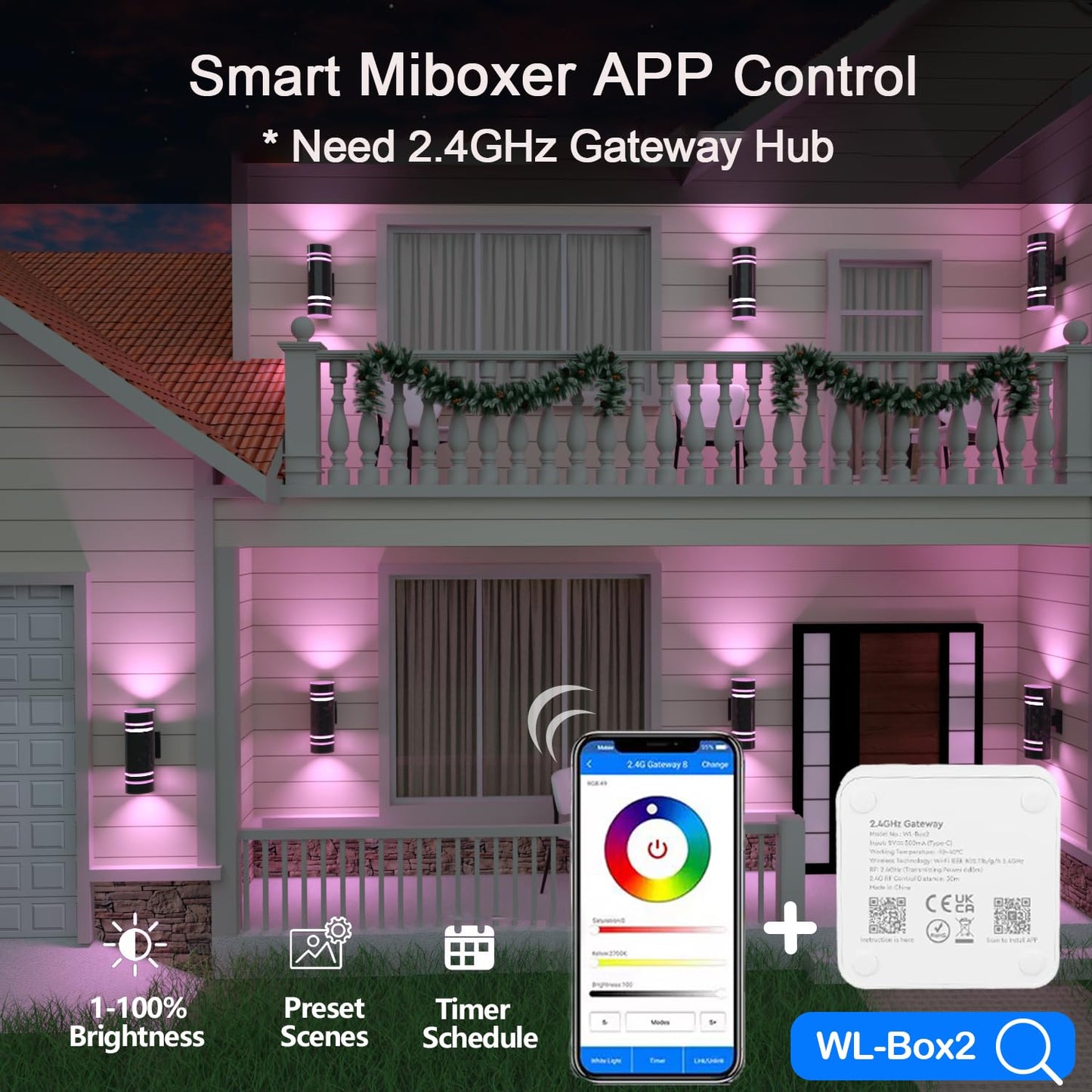 wowlite Outdoor Wall Lights for House, Remote Control Smart RGBCW Up and Down Lights Outdoor Sconce RGB Color Changing, Black Cylinder Aluminum