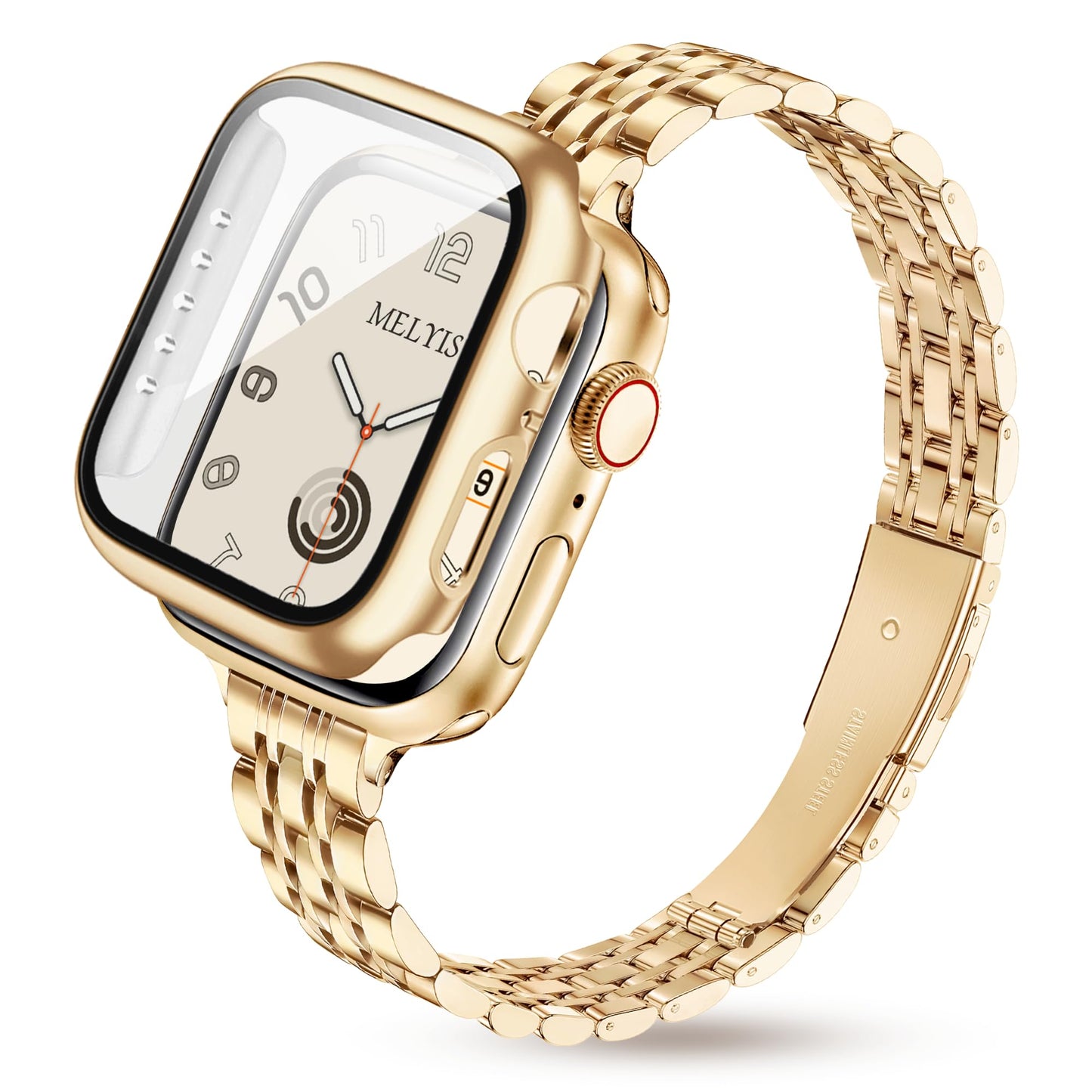 Melyis Slim Metal Band with Case Fits Apple Watch Bands for Women 41mm, Thin Stainless Steel iWatch Bands Women, Dressy Band for Apple Watch