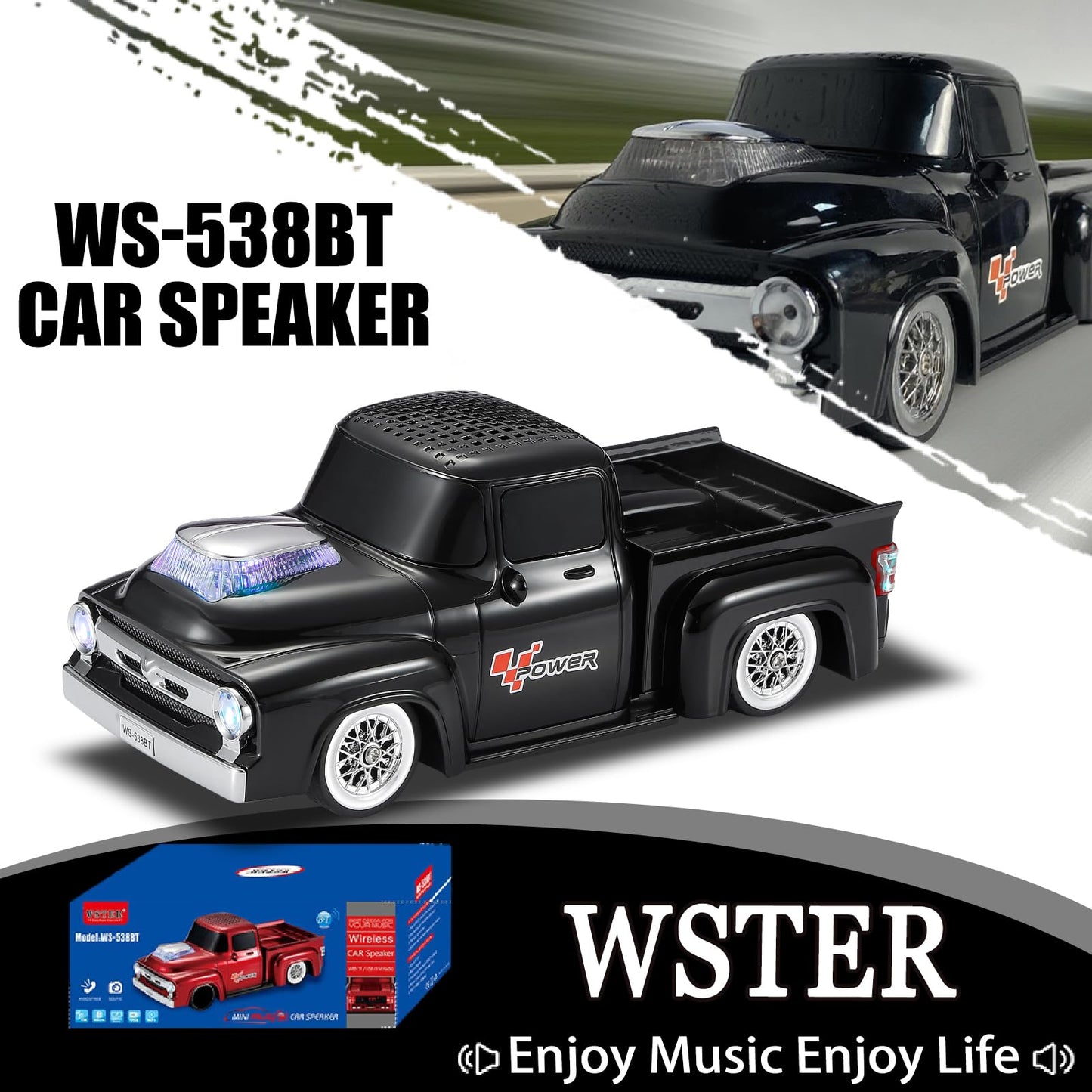 WSTER WS-538 Retro Pickup Truck Bluetooth Replica Speaker - Portable Wireless Car Model Speaker with FM, TWS, LED Party Lights, USB/TF Playback
