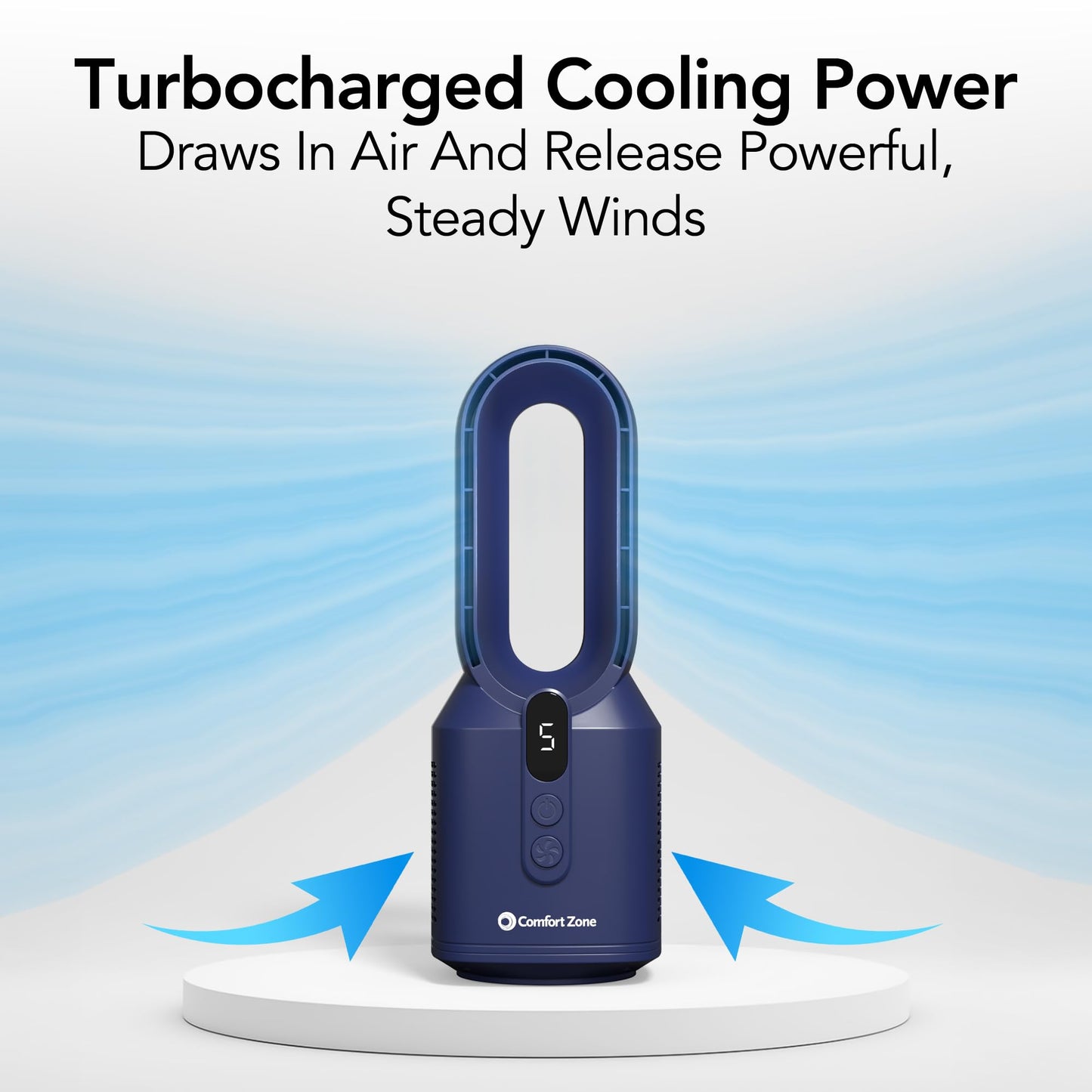 Comfort Zone 14-Inch Rechargeable Bladeless Tabletop Fan, Navy