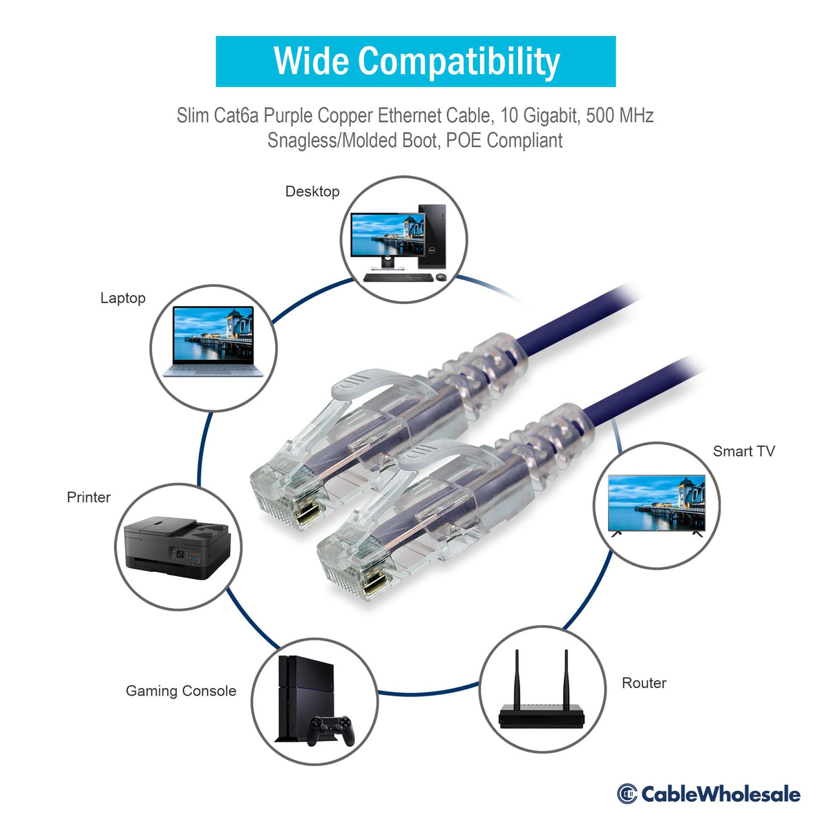 CableWholesale Cat6a Slim Ethernet Cable, 28AWG, 10 Gigabit, 15 ft, Purple