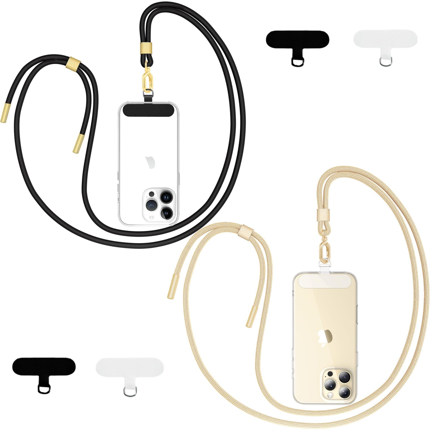 Phone Lanyard 2 Pack - Universal Crossbody Neck Strap with 4 Pads Durable Adjustable Nylon Phone Lanyard for iPhone Samsung and More (Black+Gold)
