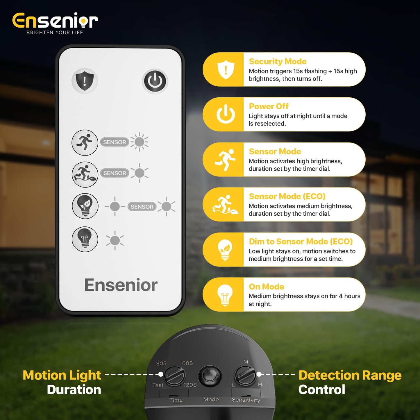 Ensenior Solar Security Lights, Wide Beam Flood Light 6500K Super Bright for Driveway Backyard Garden, Remote Control Motion Lights, Weather-Resistant