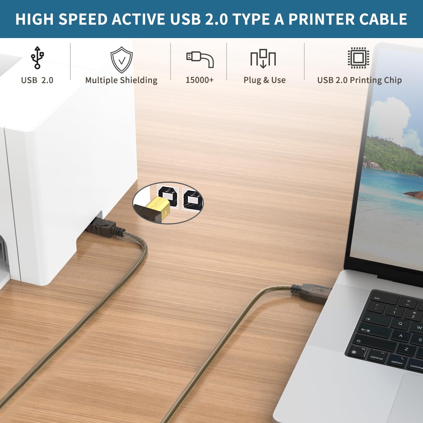 GOSYSONG USB 2.0 Printer Cable 50ft - High Speed Active A to B Cord for Printers, Scanners, Fax Machines