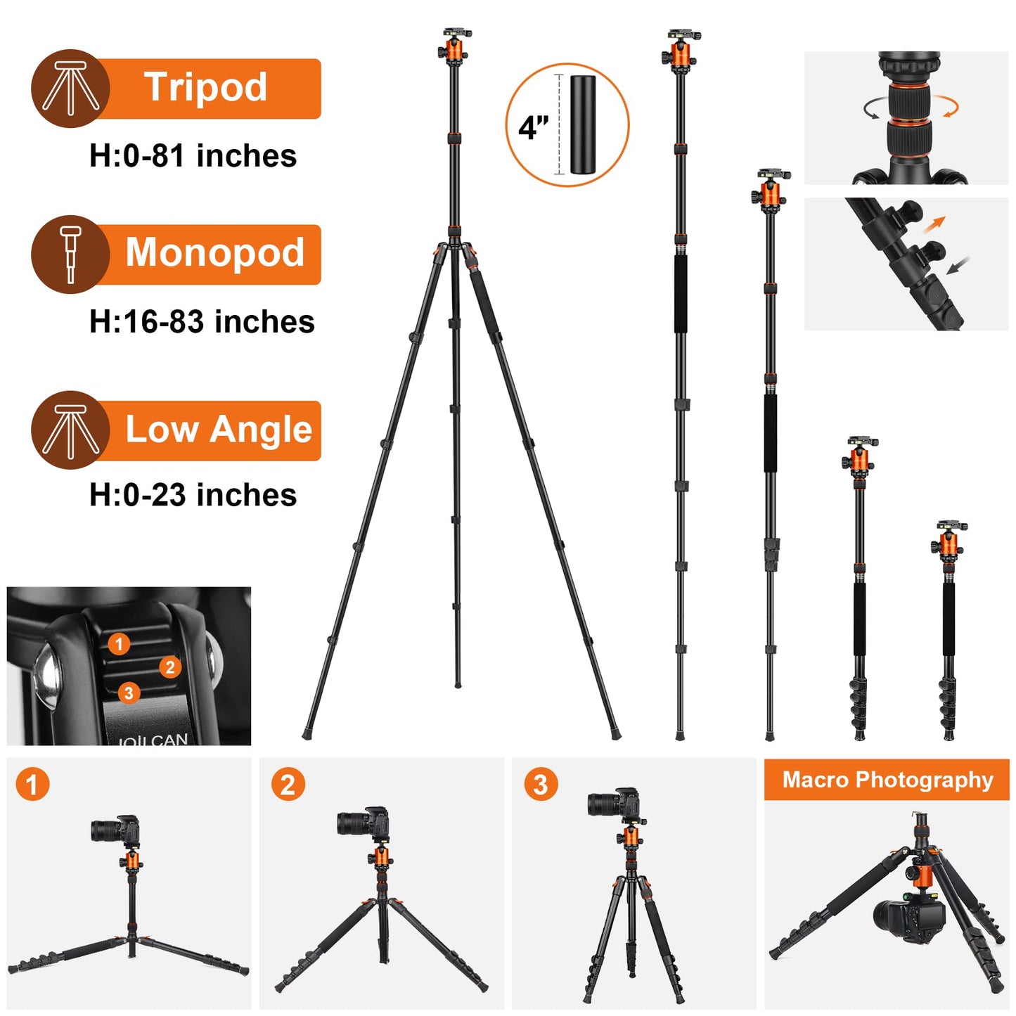 JOILCAN Tripod for Camera, 81" Aluminum Camera Tripod Stand, 83" DSLR Tripods & Monopods, Heavy Duty Travel Tripod for Binoculars Spotting Scope