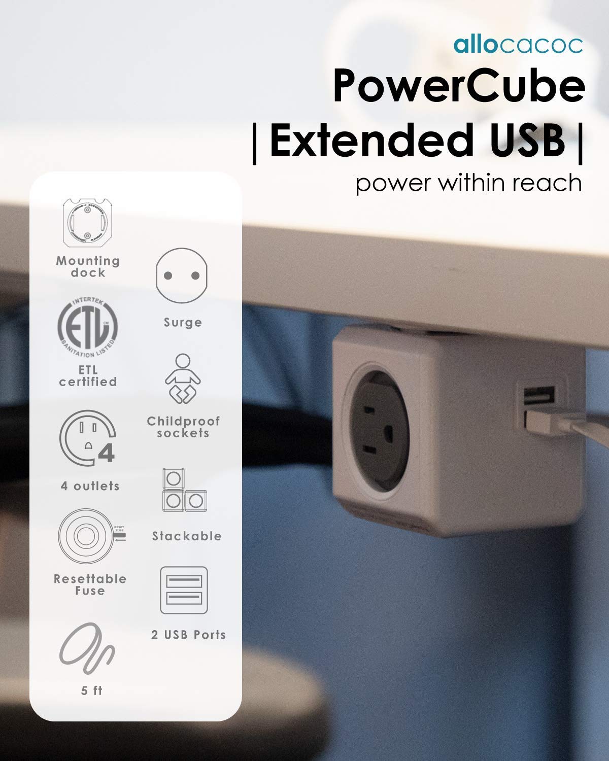 Allocacoc PowerCube Extended 4 Outlets 2USB, 5ft Power Strip Surge Protector 1875W 15A 125V 14AWG, No Blockage, Mounting Dock, Heavy Duty Travel Home