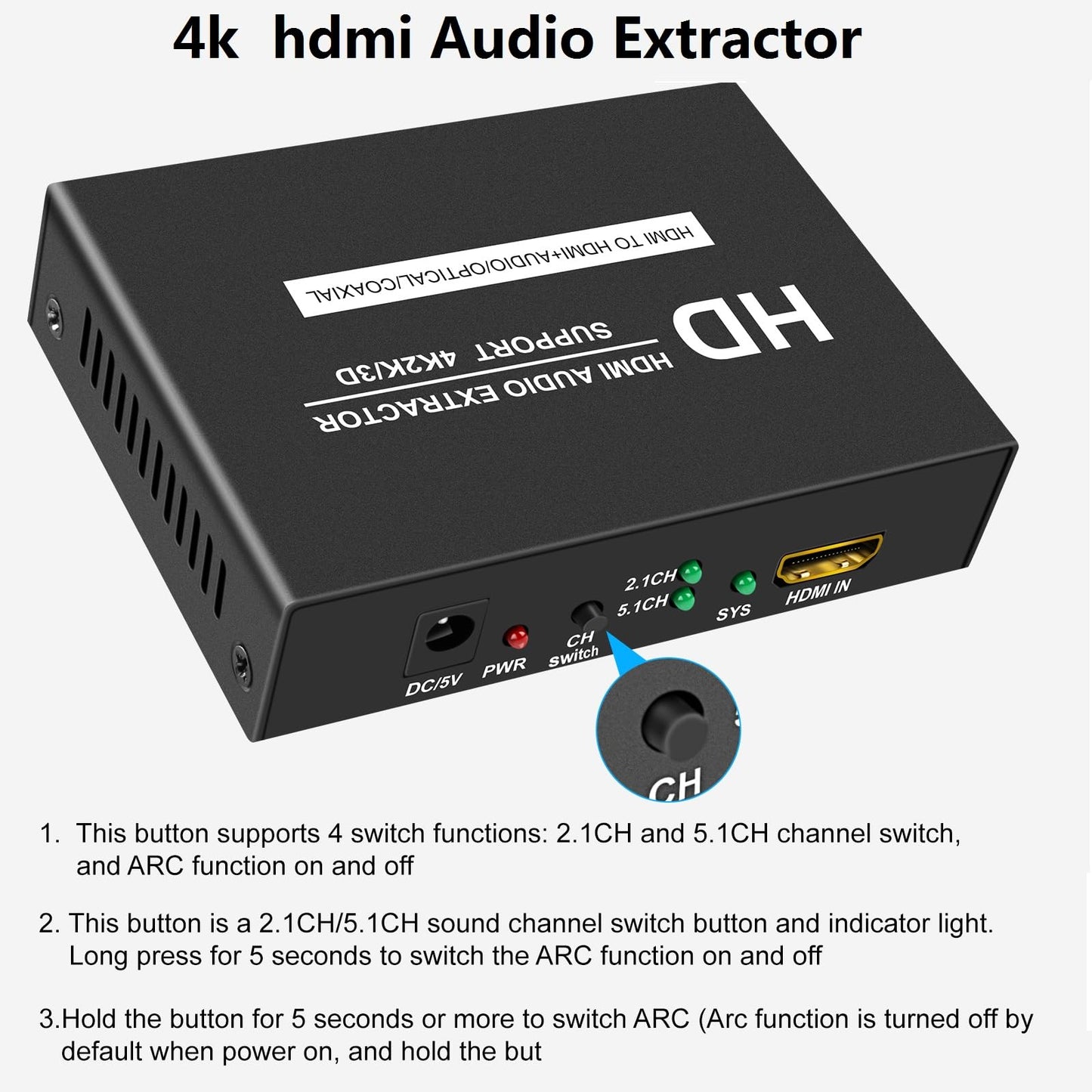 LinSeek 4K HDMI Audio Extractor - Splitter with Optical, Coaxial & 3.5mm Audio Jacks for PS4, Xbox & TV