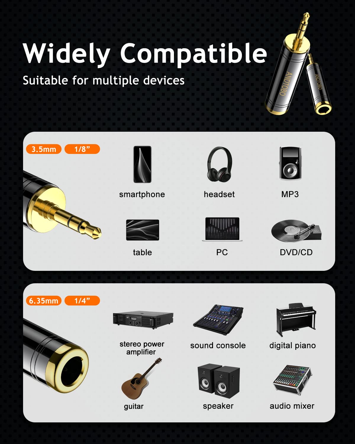 ANDTOBO 3.5mm Male to 1/4'' Female Stereo Pure Copper Headphone Adapter,3.5mm(1/8'') Plug Male to 6.35mm (1/4'') Jack Female Stereo Adapter