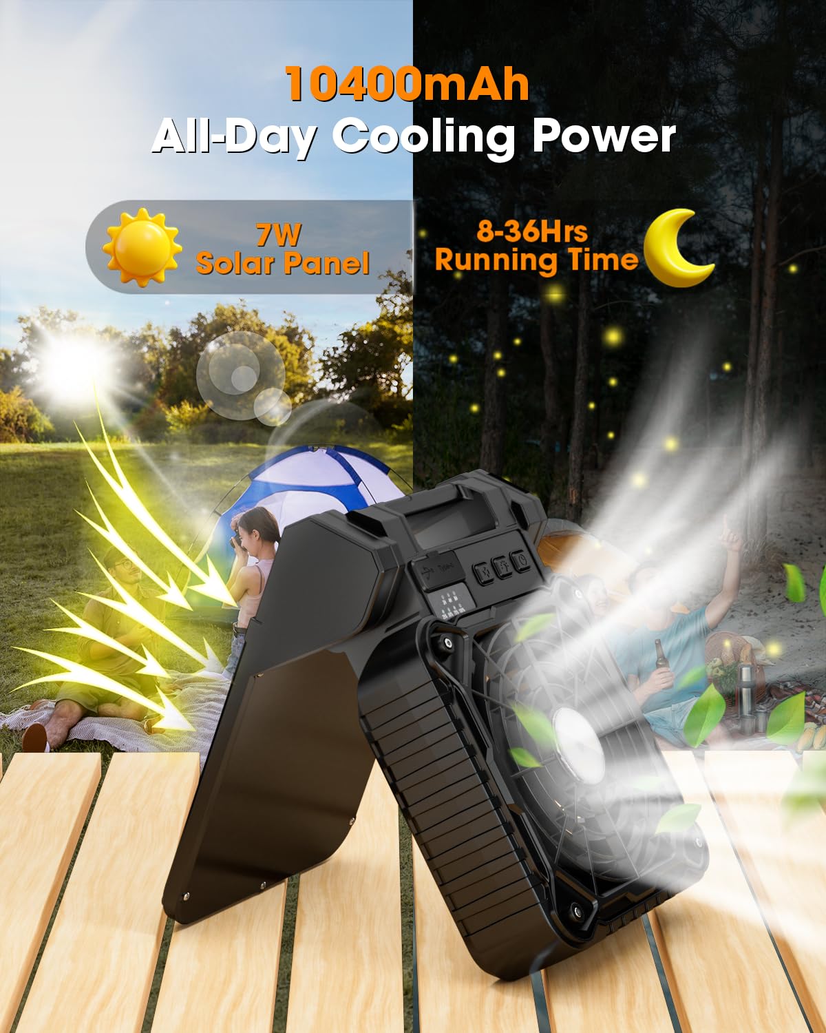 Solar Camping Fan 10400mAh, Solar Powered Fan with LED Lantern, 7W Rechargeable Battery Operated Fans for Outside, 4 Speeds, 2-8H Timer and Quiet