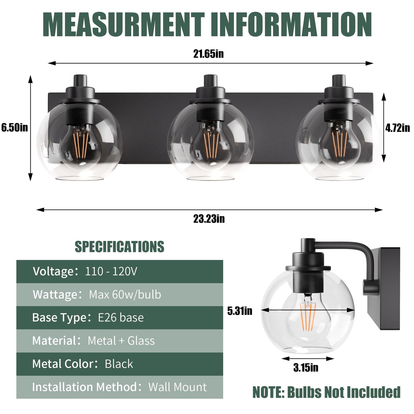 Espird Bathroom Light Fixtures-Matte Black Vanity Lights for Bathroom, Modern Black Vanity Lights 3-Light Bathrooms Lighting Fixtures Over Mirror