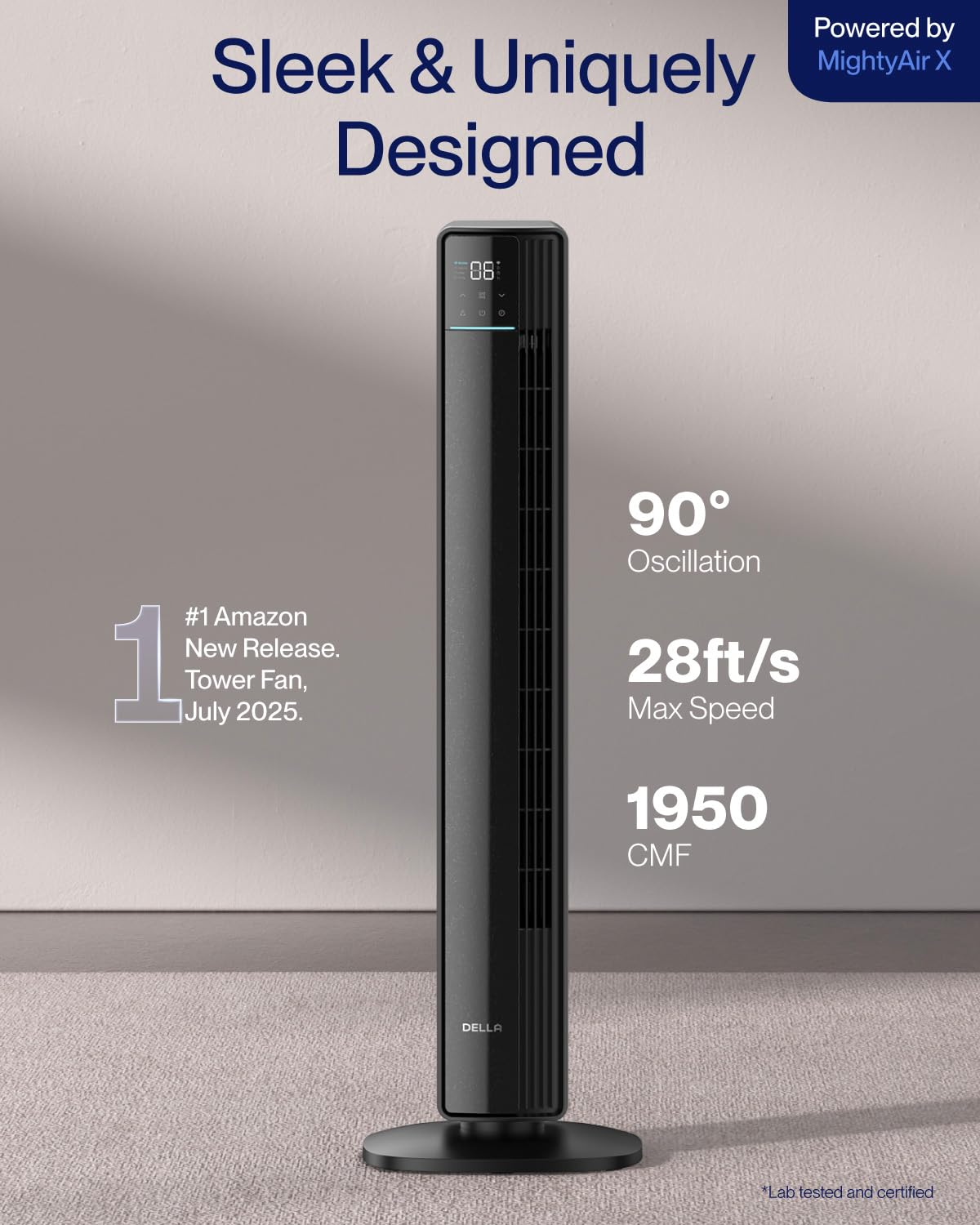 Della 42" Smart Tower Fan, Ultra Quiet 23dB Cooling Fan with 12 Speeds, 90° Oscillating, 28ft/s Airflow, DC Motor, 24H Timer, Voice/App/Remote Control