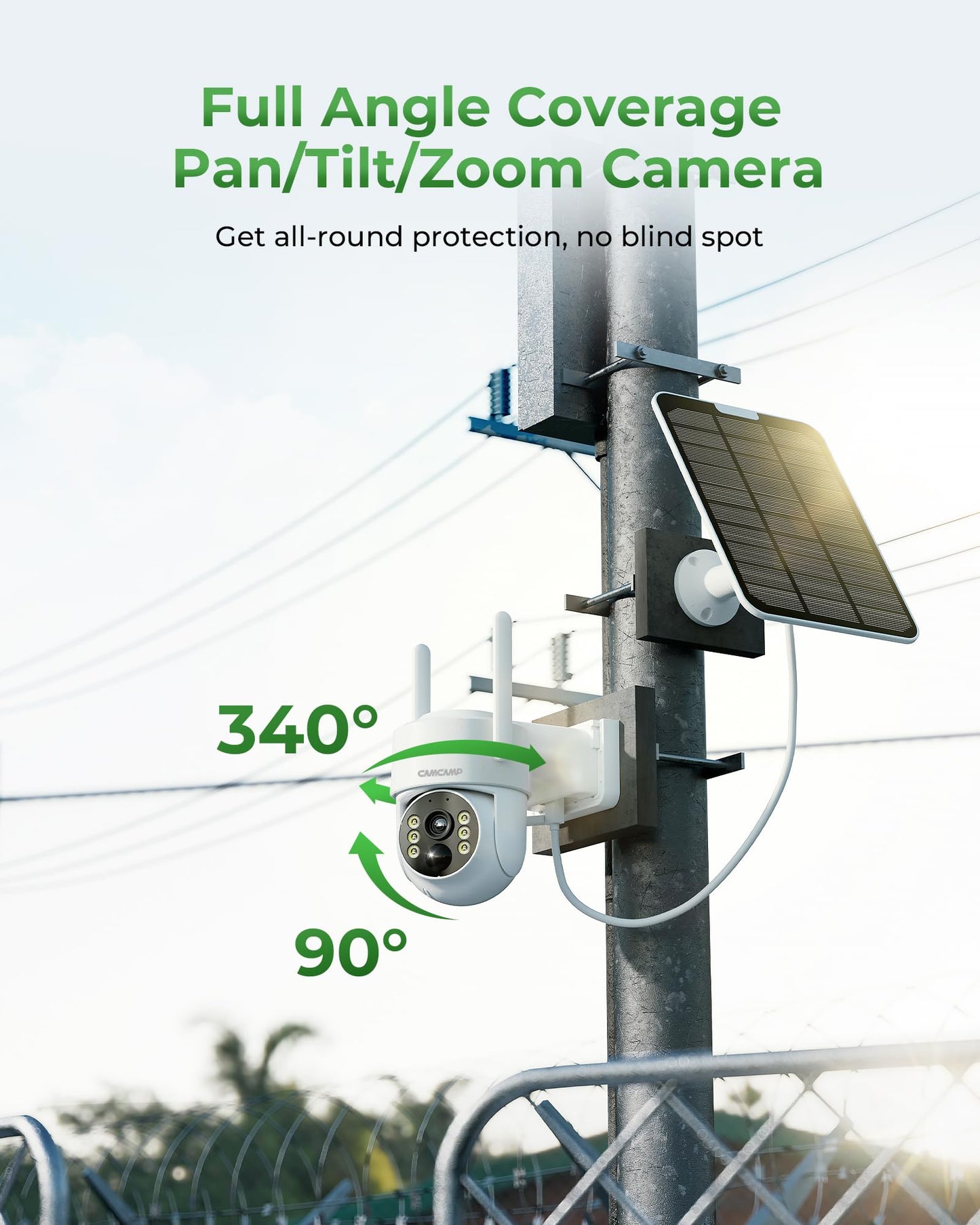 CAMCAMP 2K PTZ Wireless Solar Security Camera Outdoor for Solar Powered Home Security Camera Wireless System, No WiFi Need, Color Night Vision PIR