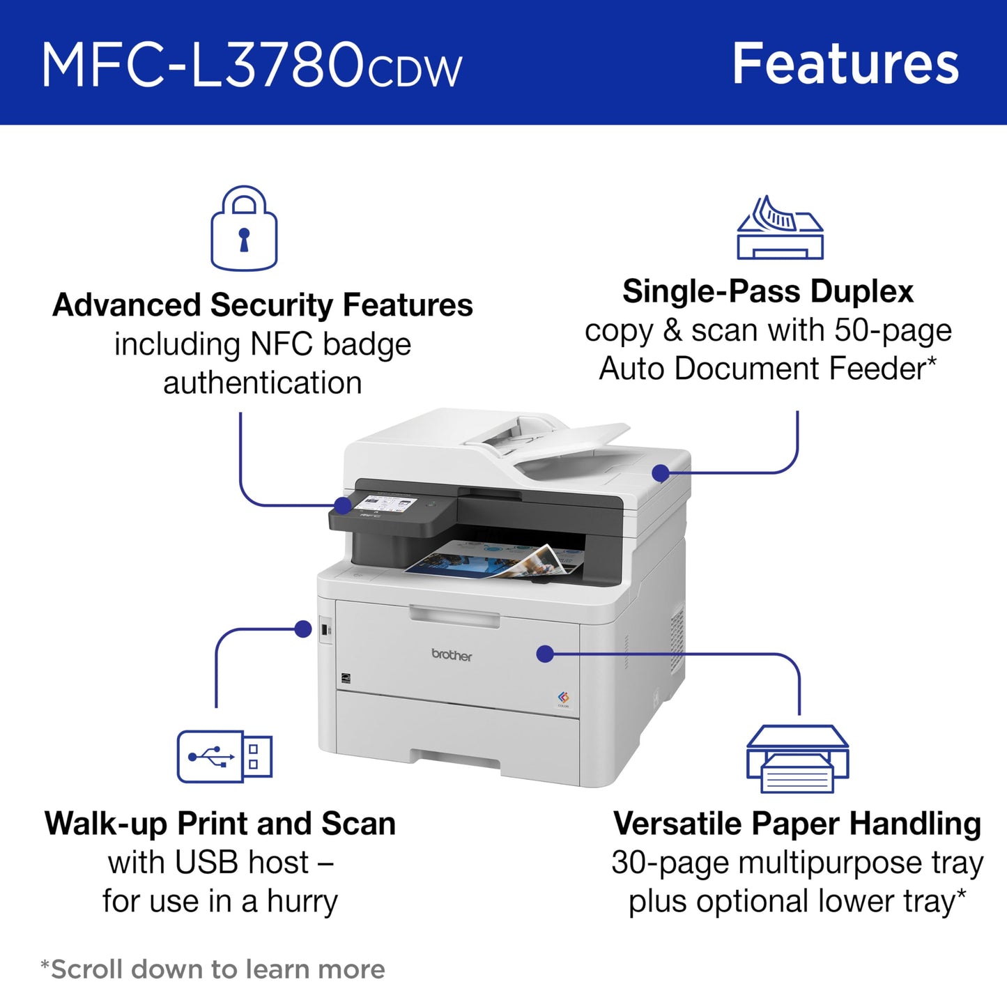 Brother MFCL3780CDW Wireless Digital Color All-in-One Laser Printer, Single Pass Duplex Copy & Scan | Includes 2 Month Refresh Subscription Trial ¹