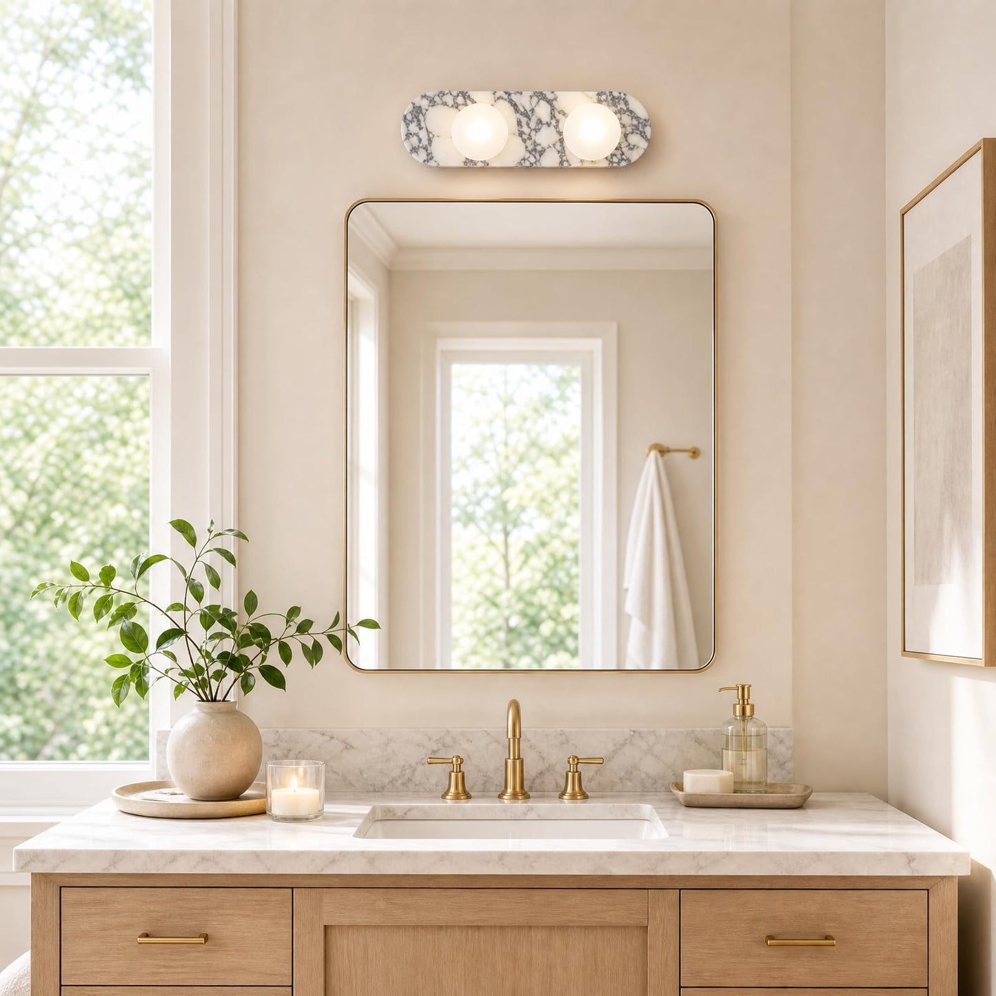 SAMAH Natural Marble Wall Sconce, Alabaster Hardwired Wall Light, Elegant Nordic-Style Wall Mount Fixture for Bedroom, Bathroom Vanity, Living Room