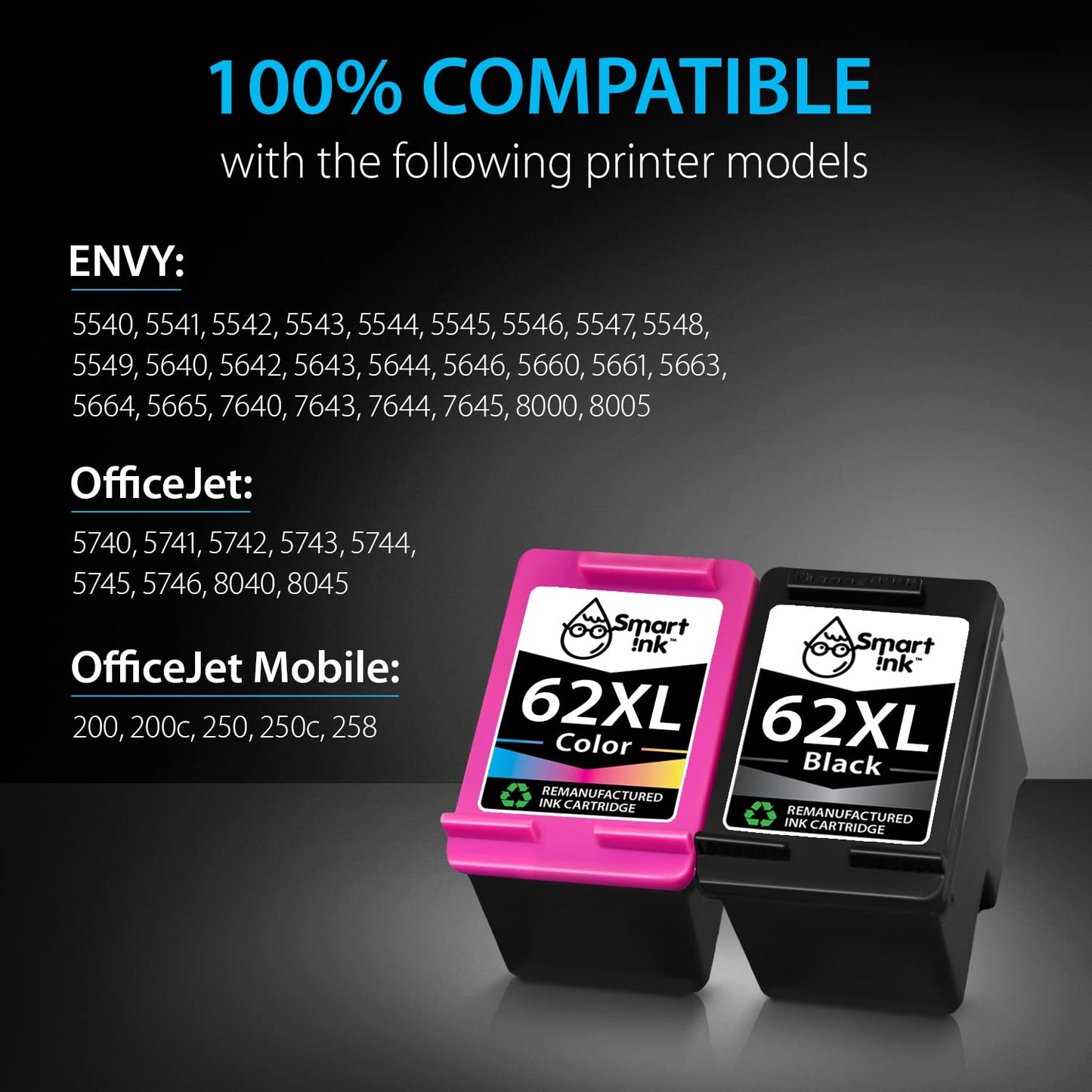 Smart Ink Remanufactured Ink Cartridge Replacement for HP 62 XL 62XL Black & Tricolor (2 Combo Pack) for HP Printer Envy 7640 5660 7645 5540 5643 5661