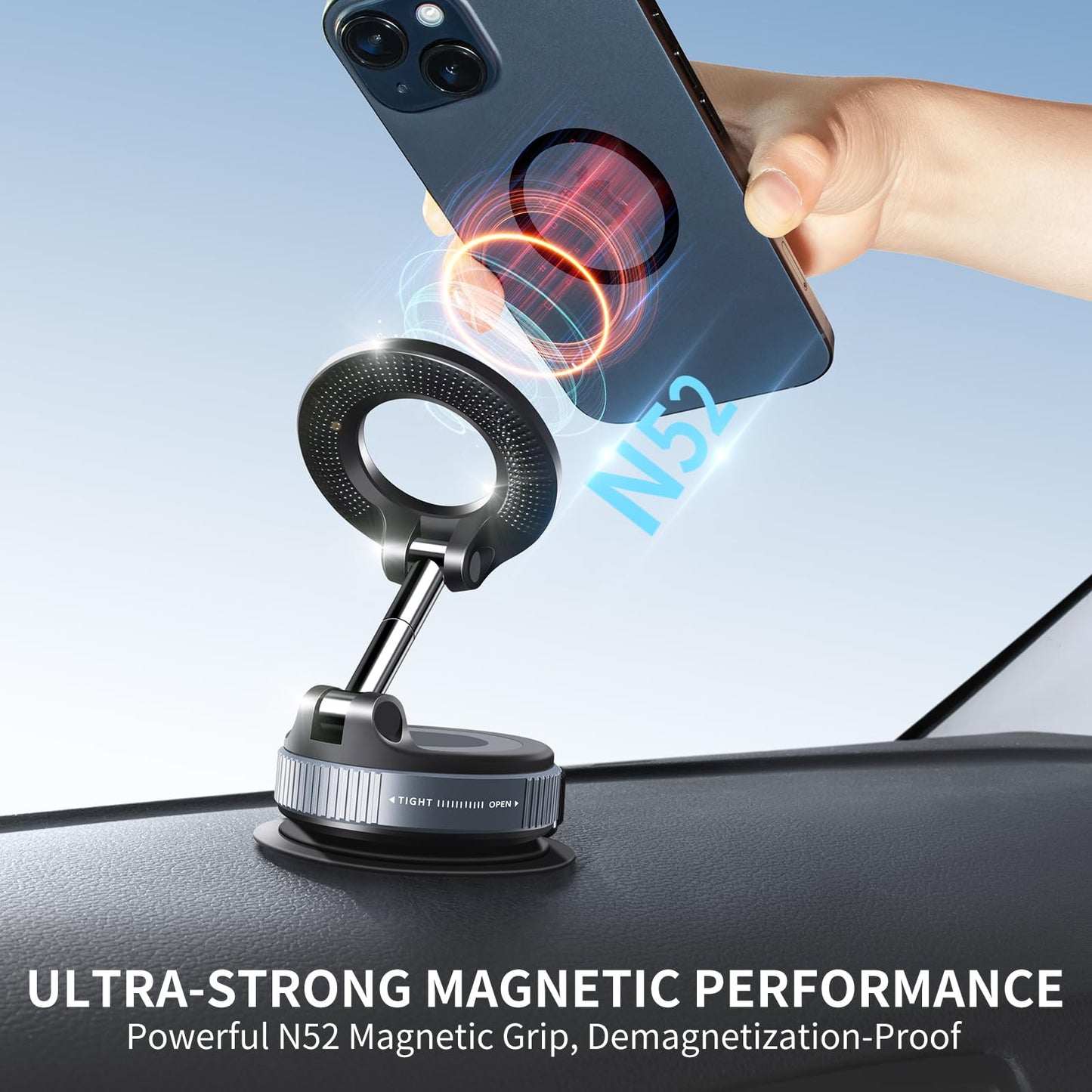 Galundge Vacuum Suction Magnetic Phone Holder, 2025 Upgraded Foldable Retractable Suction Cup Car Phone Mount for Magsafe, 360° Adjustable Magnetic