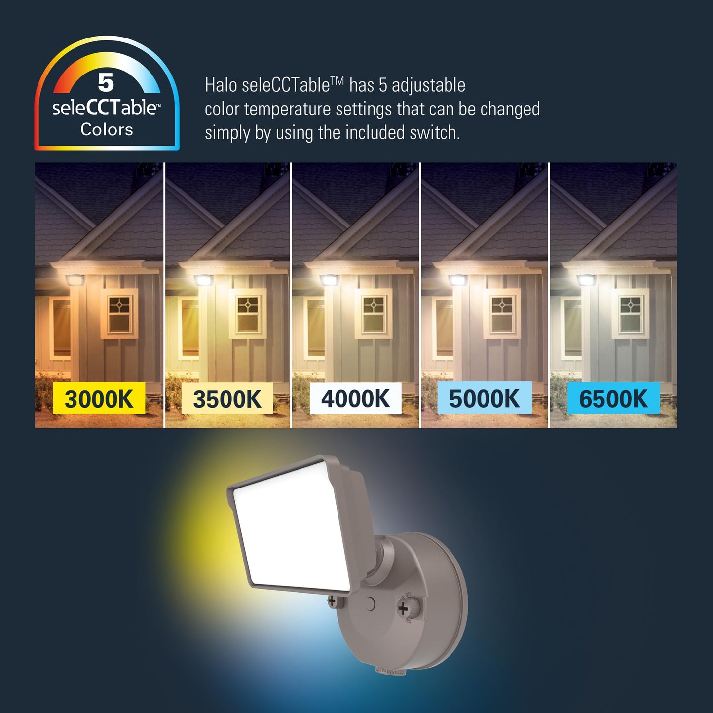 HALO FGS Outdoor LED Security Floodlight, 120V w/Selectable CCT & Lumens, Dusk to Dawn, Wall or Eave Mounting - Bronze FGS30CLD2DB