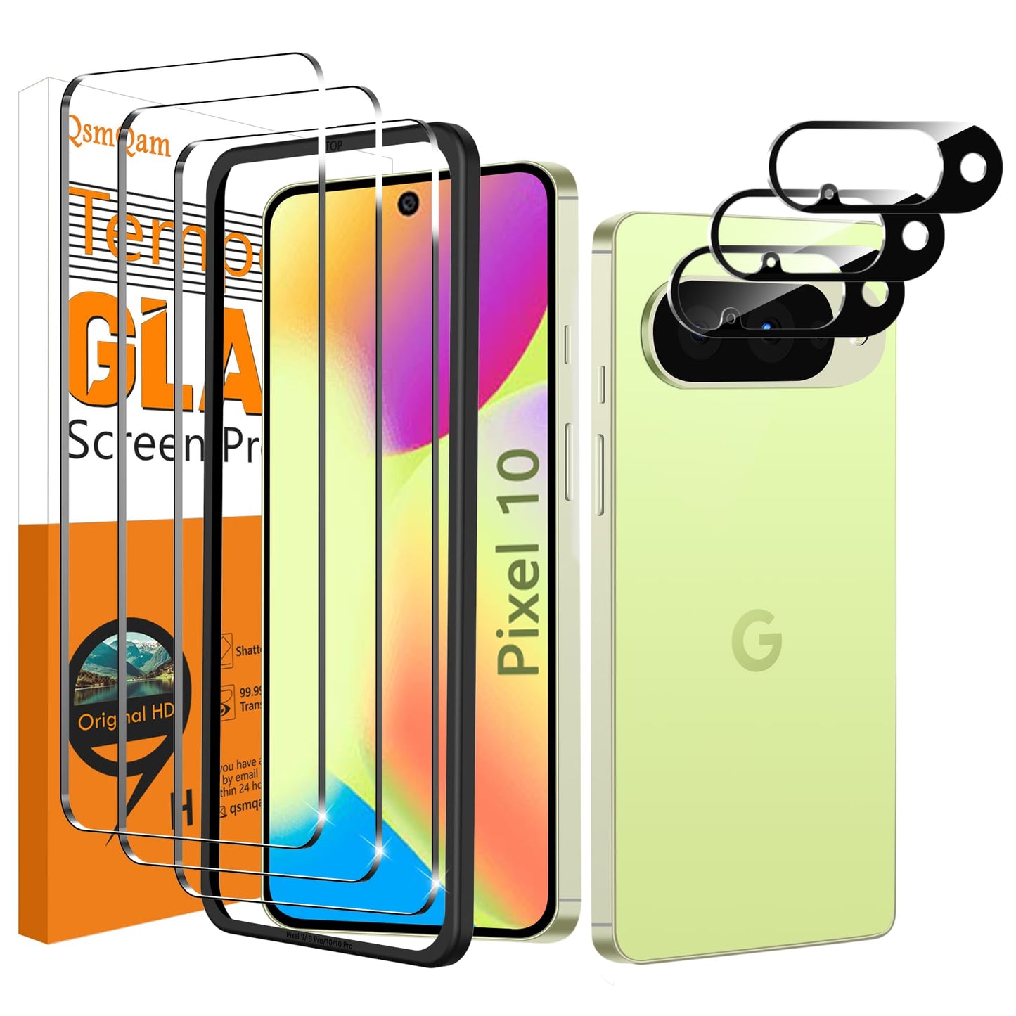 QsmQam 3 Pack Screen Protector for Google Pixel 10 + 3 Pack Camera Lens Protector, Ultra HD Tempered Glass, 9H Hardness, Anti Scratch, Easy