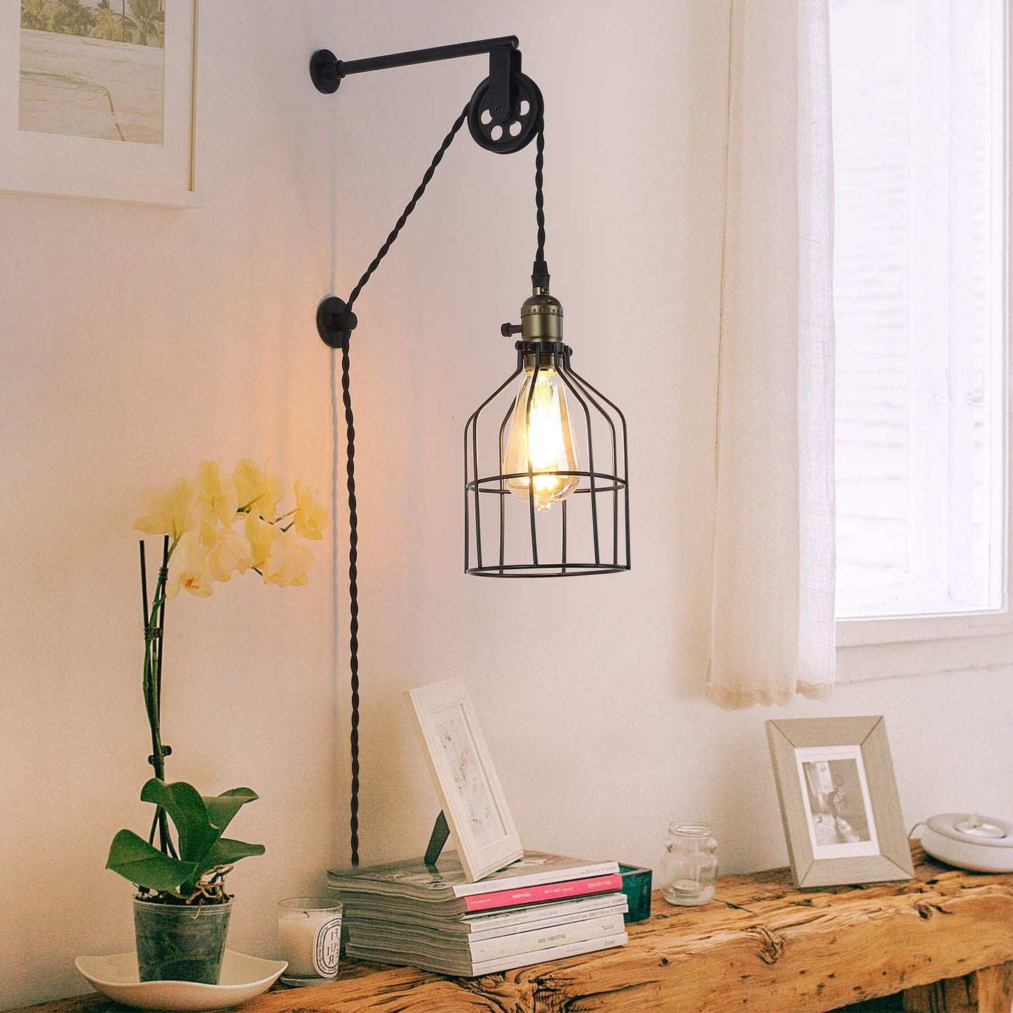 Antique Cage Hanging Wall Sconces Plug in for Bedroom Living Room , Adjustable Pulley Wall Lamp Light Fixture for Bedside Reading ,Farmhouse