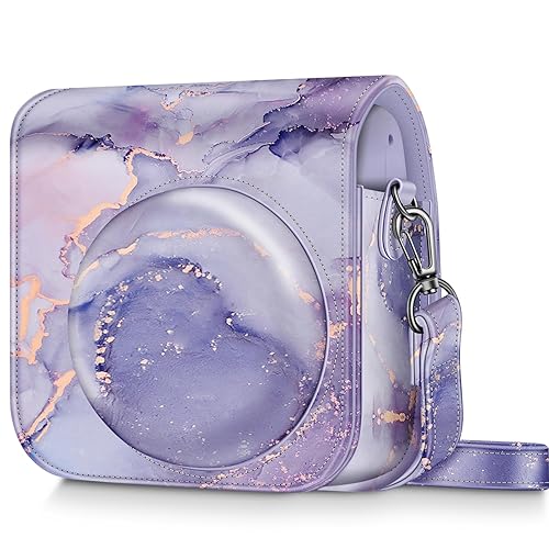Fintie Protective Case for Fujifilm Instax Mini SE Instant Camera - Premium Vegan Leather Bag Cover with Removable Adjustable Strap, Lilac Marble