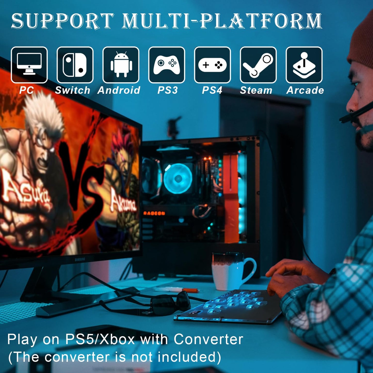 Arcade Stick All-Button Controller L16, Leverless Controller Street Fight with Turbo & SOCD, Arcade Stick Street Fight for PC/PS3/PS4/Steam/Switch